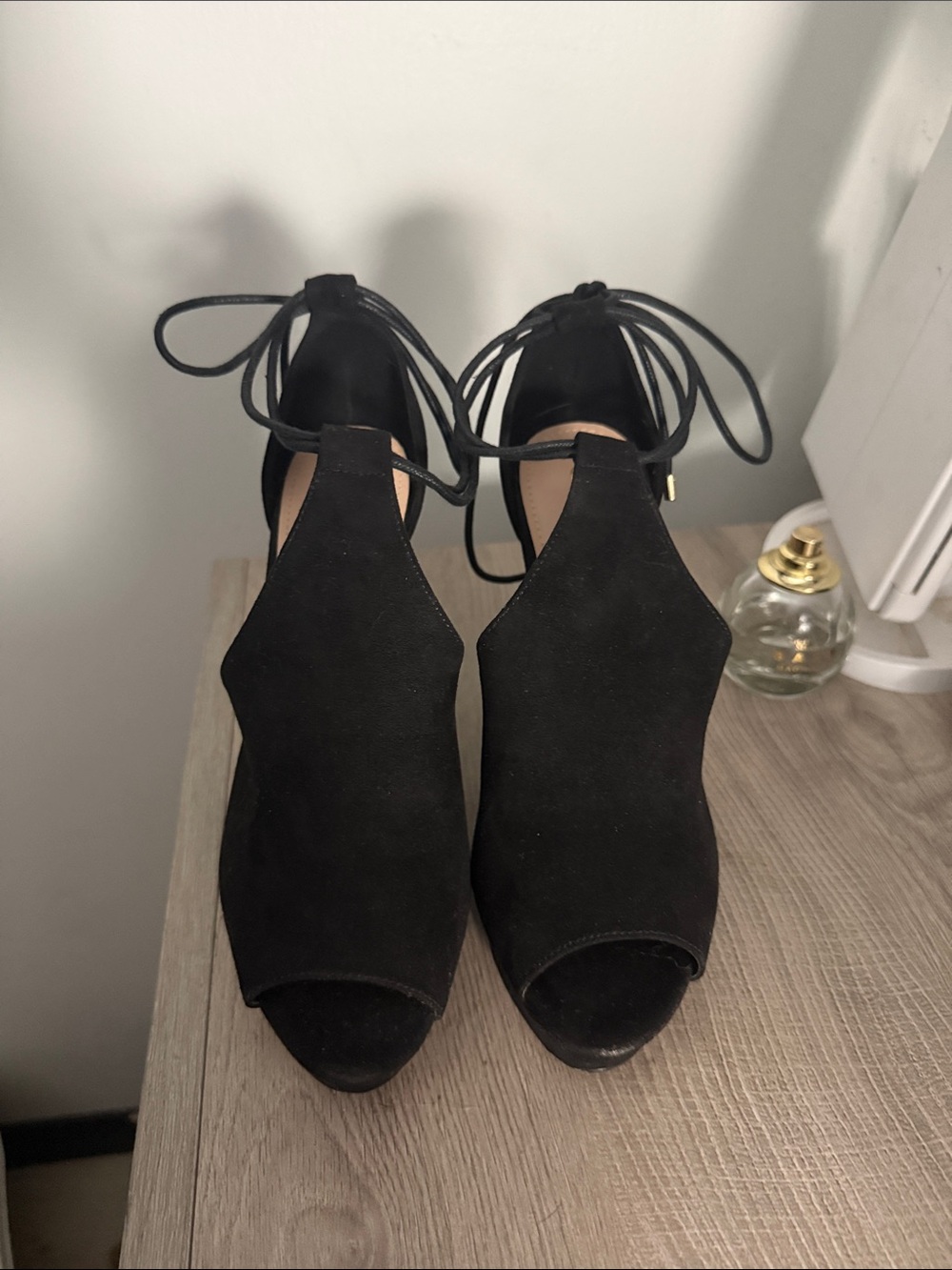 Black Suede Lace-Up Peep Toe Heels